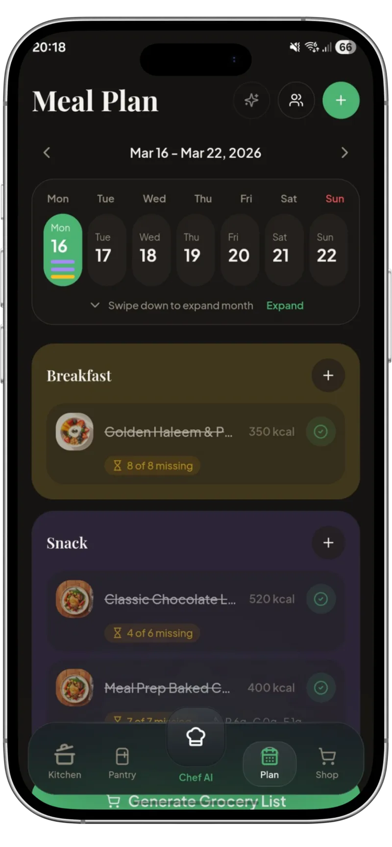 Kivella weekly meal planner connected to recipes and shopping