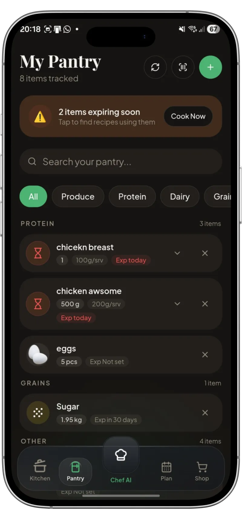 Kivella pantry inventory screen showing food items and expiry status