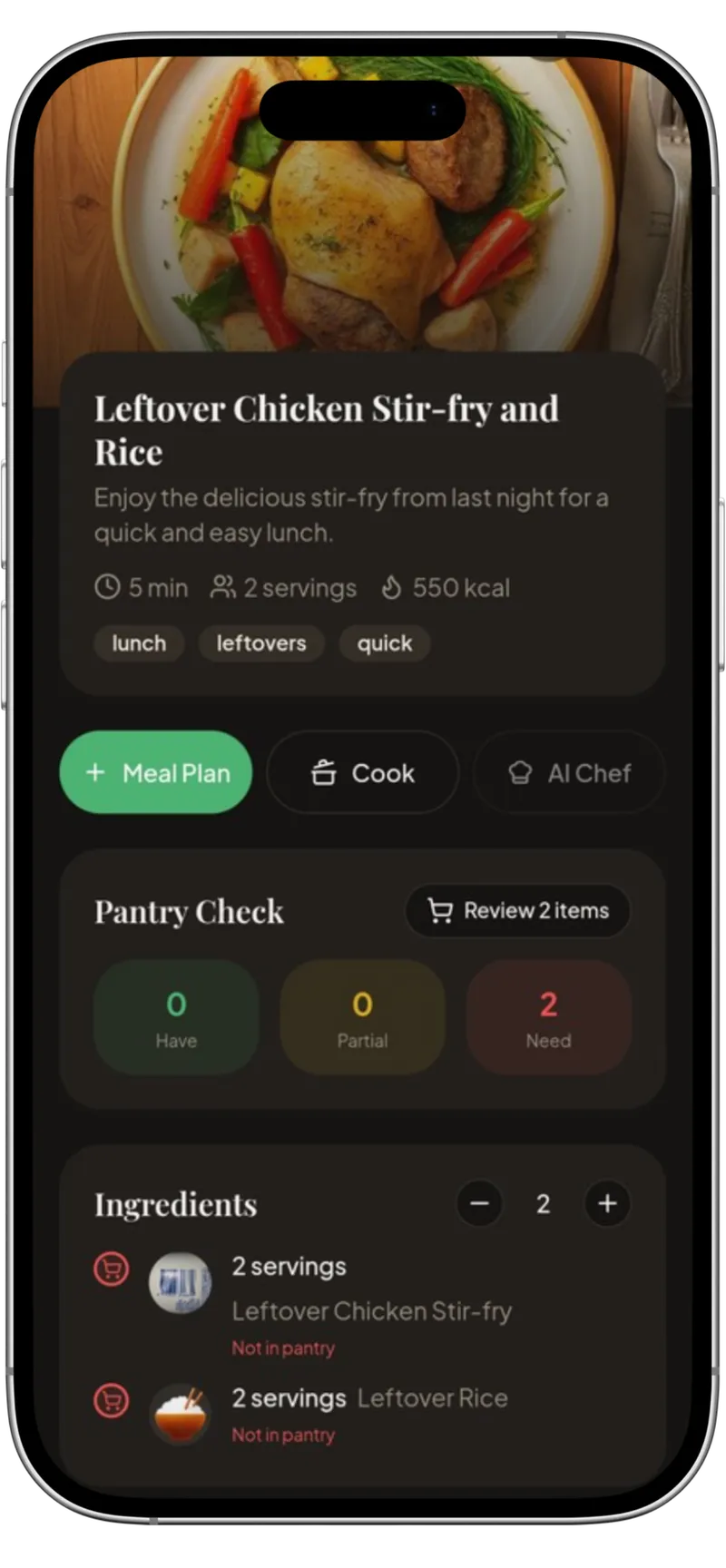 Kivella recipe manager screen with ingredients and cooking steps