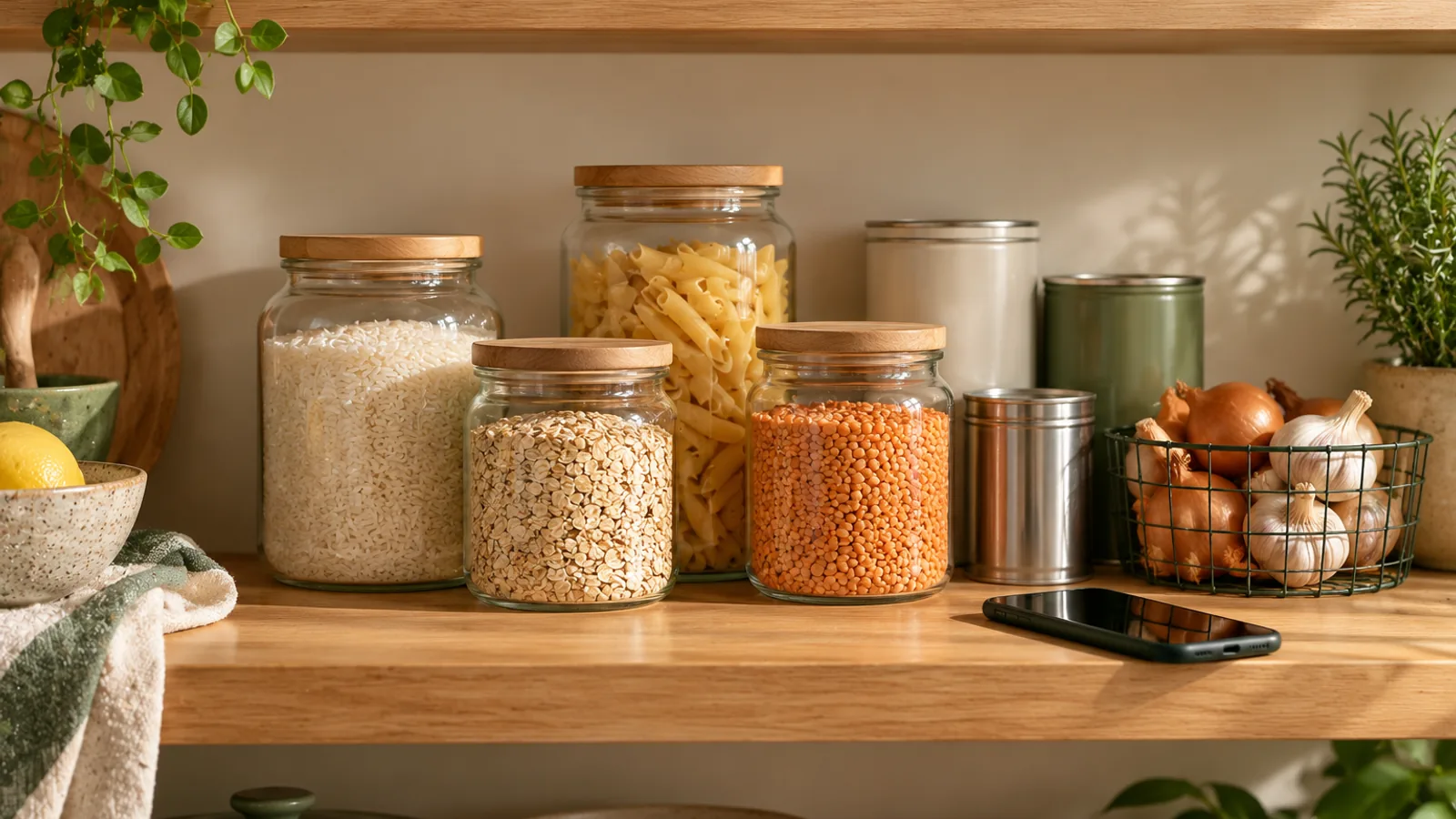 An organised pantry shelf of glass jars of rice, oats, pasta and lentils, tins and a basket of onions and garlic, with a phone resting on the shelf.