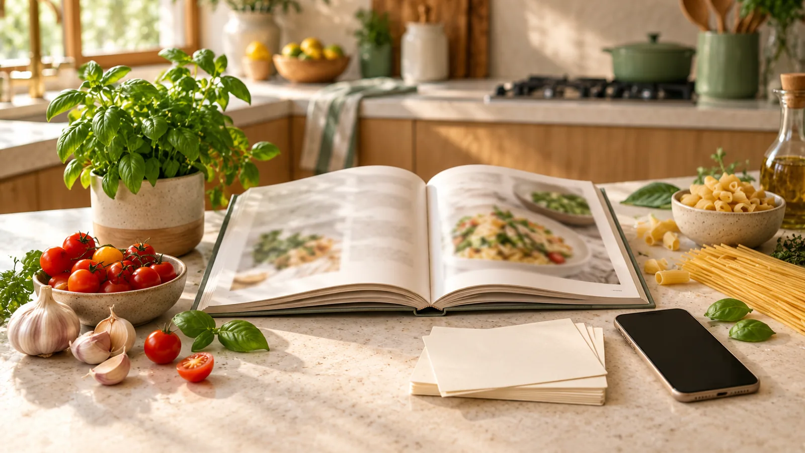 A smartphone beside an open cookbook, blank recipe cards and fresh basil, cherry tomatoes, garlic and pasta on a kitchen bench.