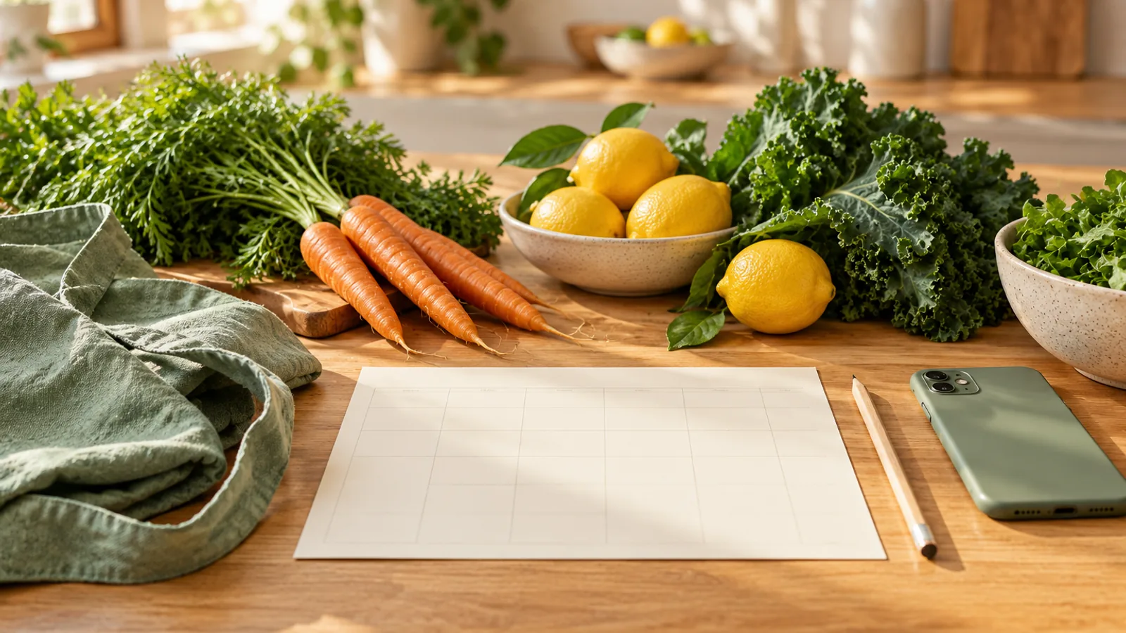 A sunny kitchen bench with a blank weekly planner, a pencil, carrots, kale and lemons, a reusable shopping bag and a phone lying face down.