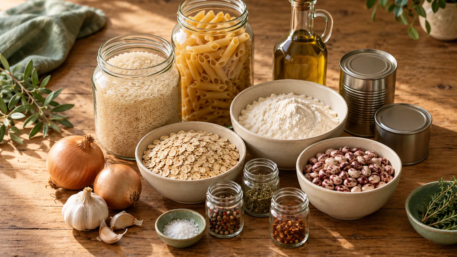 Jars and bowls of rice, pasta, flour, oats and beans with olive oil, spices, tins, onions and garlic on a wooden bench.