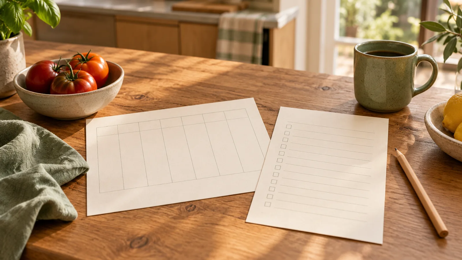 A printed weekly meal planner grid and grocery checklist on a wooden kitchen bench beside a pencil, a mug and tomatoes.
